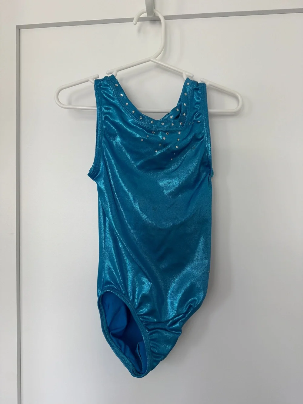 Girls Shiny Teal Dance Leotard with Rhinestone Trim